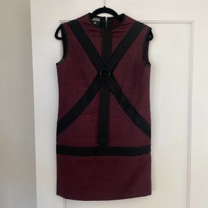 Jean Paul Gaultier JPG Sleeveless Mini Dress Maroon Wool Harness Front Sz 6